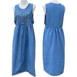 Vintage Denim Prairie Western Farmcore Dress M Maxi Embroidered Cottage Boho